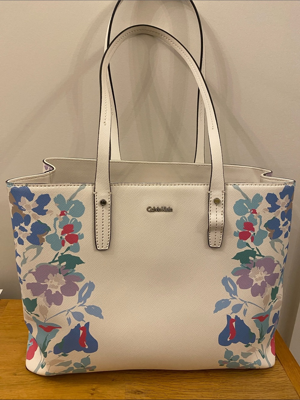Calvin Klein Maggie White Floral Saffiano Tote Bag